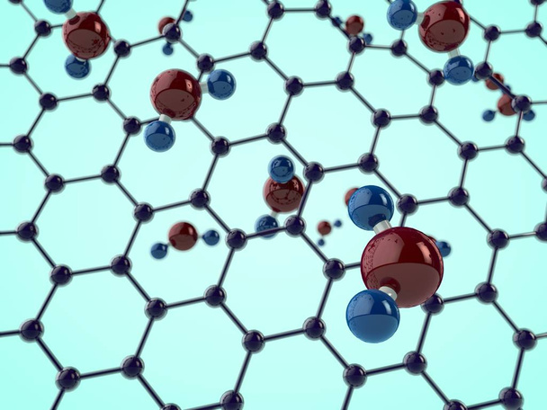 Illustratie van grafeen waterfilter met watermoleculen. Grafeen kristalrooster. Het idee van zuiverheid, ecologie, gezondheid. 3D-rendering op blauwe achtergrond. - Foto, afbeelding