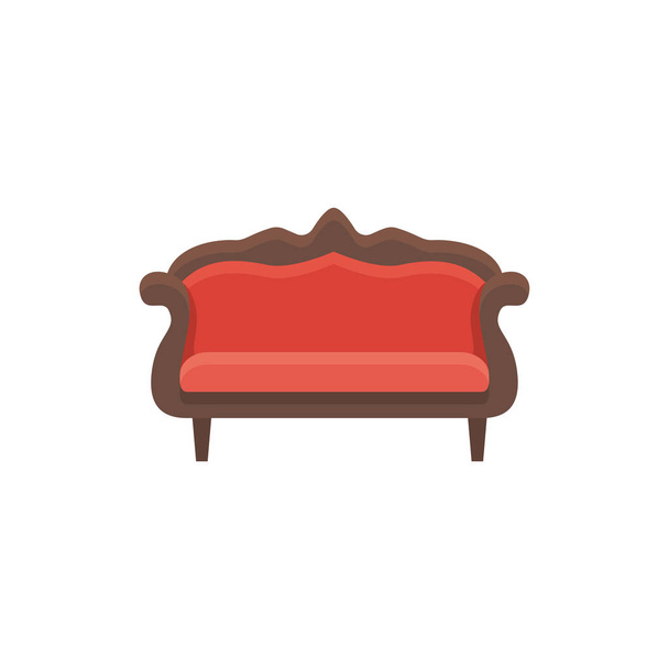 Retro camelback sofa. Ilustracja wektorowa. Płaskie ikonę czerwona sofa drewniane. Element domu idealna biuro meble. Widok z przodu. - Wektor, obraz