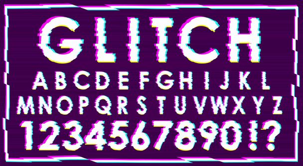 Trendy glitch effect. Witte pixel letters en cijfers op paarse achtergrond met roze, blauwe, groene, gele buzz. Vintage 3d techno desintegratie tekst. Mislukken signaal. Gegevens verval. Abstracte Rechthoekkader - Vector, afbeelding