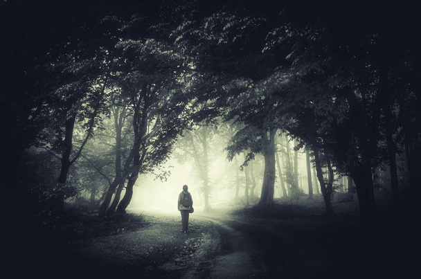 Man walking na ciemnym lesie ścieżki. Surrealistyczny krajobraz z drzew we mgle - Zdjęcie, obraz