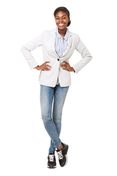 Full body portrait of smiling african american woman against isolated white background - Zdjęcie, obraz