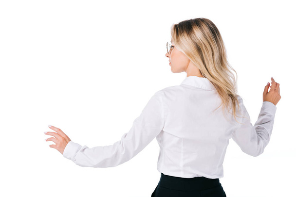 back view of businesswoman gesturing isolated on white - Φωτογραφία, εικόνα