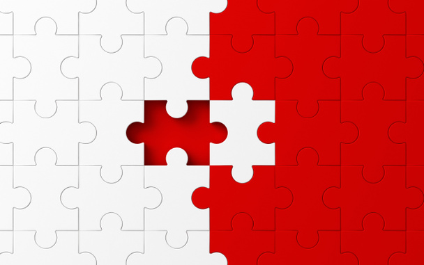 Pièces de puzzle manquantes dans le travail inachevé, la stratégie et la solution concept d'entreprise. Blanc et rouge motif texture fond. Illustration abstraite 3D
 - Photo, image