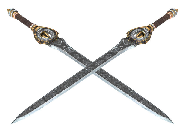 Fantasy long sword with patterns and leather on the handle on an isolated white background. 3d illustration - Photo, Image
