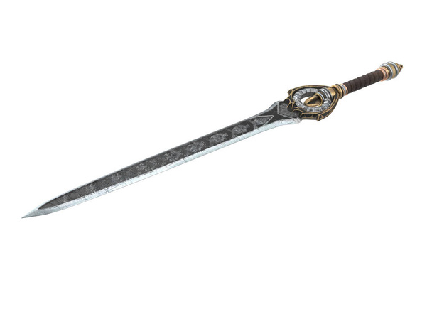 Długi miecz Fantasy z wzorców i skórzane rączki na na białym tle. ilustracja 3D - Zdjęcie, obraz