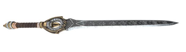 Fantasie langes Schwert mit Mustern und Leder am Griff auf einem isolierten weißen Hintergrund. 3D-Illustration - Foto, Bild