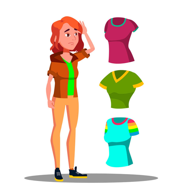 Young Girl Choosing Shirt, Dresses Vector. Isolated Illustration - Vector, Image