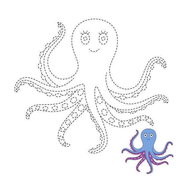 Vector drawing worksheet for preschool kids with easy gaming level of difficulty. Simple educational game for kids. Illustration of octopus for toddlers - Вектор,изображение