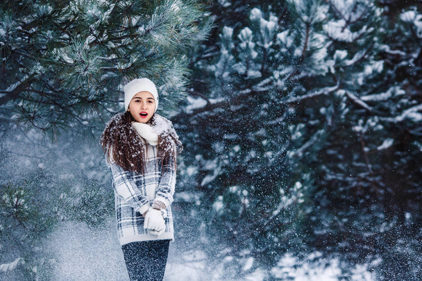 Stylish cheerful girl in a sweater in the winter forest. Snow from tree falls on the girl. - Fotoğraf, Görsel
