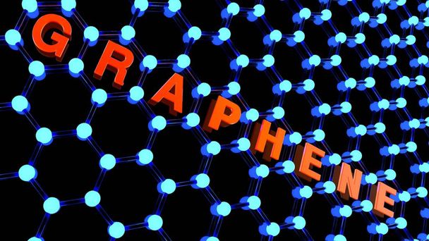 Illustration of a radiant graphene crystal lattice with glowing Graphene text. The idea of the prospect of graphene technologies. Image on a black reflective background. 3D rendering - Photo, Image