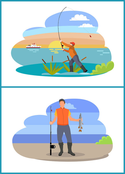 Fisherman with Fishing Rod and Fish Vector Icon - Vector, Imagen