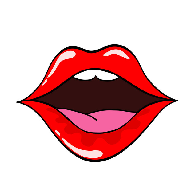 Los labios femeninos. Boca con un beso, sonrisa, lengua, dientes. Ilustración cómica vectorial en estilo retro de arte pop aislado sobre fondo blanco
. - Vector, Imagen