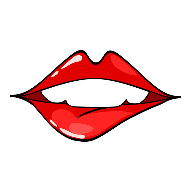 Los labios femeninos. Boca con un beso, sonrisa, lengua, dientes. Ilustración cómica vectorial en estilo retro de arte pop aislado sobre fondo blanco
. - Vector, imagen