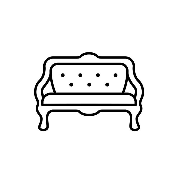 Black & white vector illustration of cushioned bench. Line icon of vintage sofa. Retro furniture. Isolated object on white background - Vector, Image