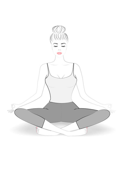 Skizze einer jungen schönen Frau, die Yoga in Lotus-Pose praktiziert, Umriss, vertikale Vektorillustration - Vektor, Bild