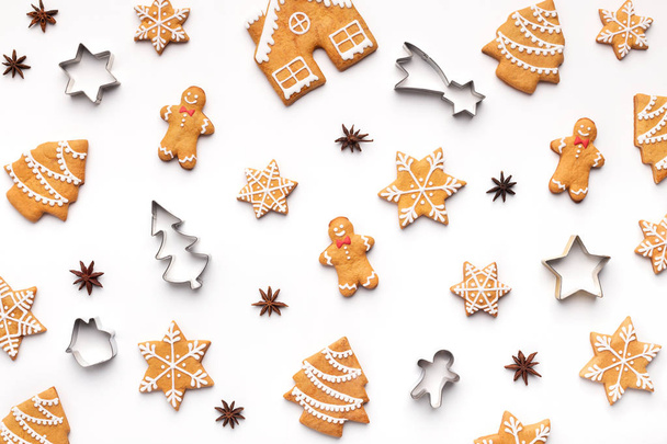 Homemade christmas cookies on white background, top view - Photo, Image