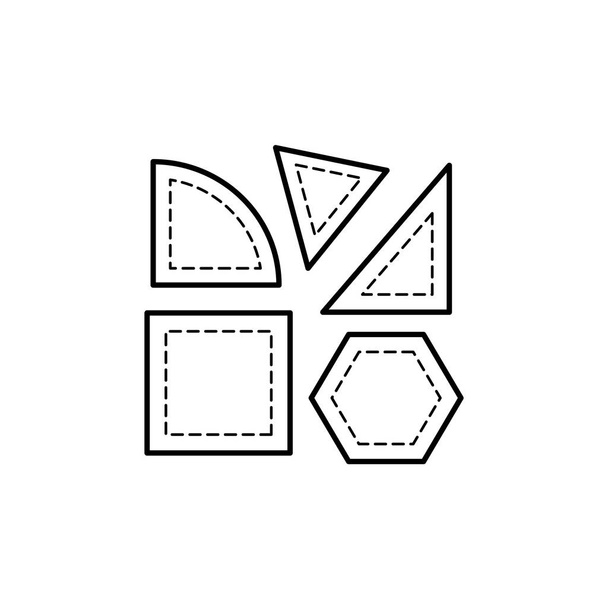 Ilustração vetorial em preto e branco de modelos de acolchoamento para corte de tecido. Ícone de linha de acessórios de patchwork. Estênceis redondos de triângulo, quadrado e quarto. Objetos isolados no fundo branco
.  - Vetor, Imagem