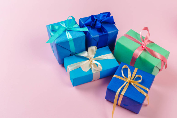 close up of gift boxes on colorful background - Zdjęcie, obraz