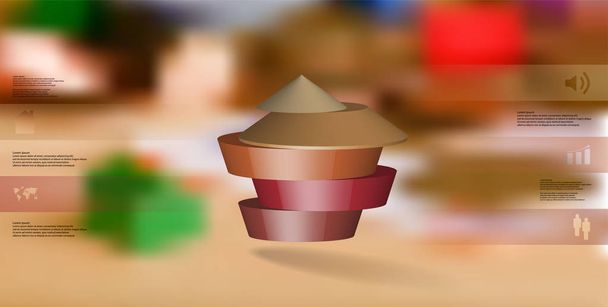 3D illustration infographic template. The round pentagon is divided to five color parts. Object is arranged on blurred photo background. Color bars with simple signs are on sides. - Vector, Image