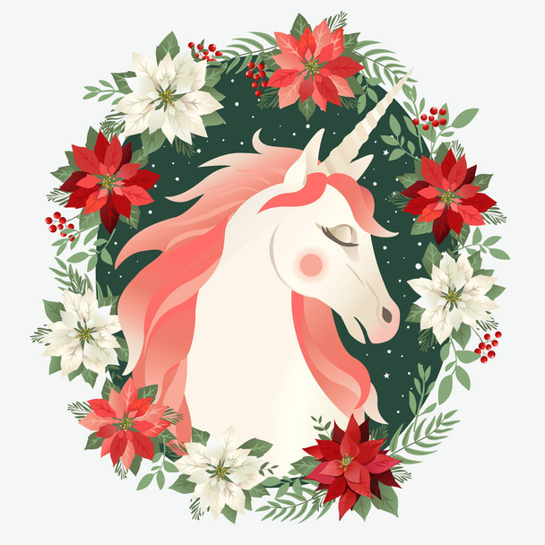 Head of hand drawn unicorn with floral wreath on white background. - Wektor, obraz