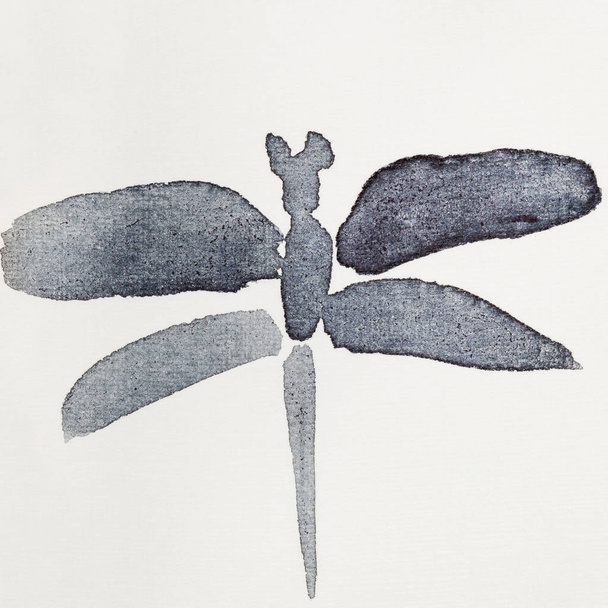 hand painting in sumi-e style on cream paper - dragonfly drawn by black watercolors - Photo, Image
