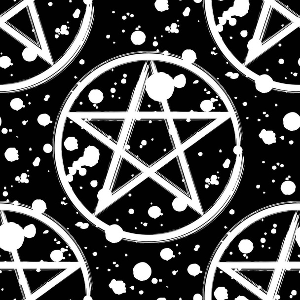 Pentagram seamless pattern, brush drawing magic occult star symbol and paint splatter. Vector background illustration in white isolated over black. - ベクター画像