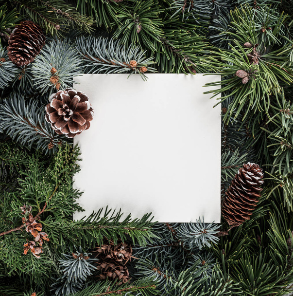 創造的なレイアウトは、紙カード、松ぼっくりでクリスマス ツリーの枝から成っています。クリスマスと新年のテーマです。フラット横たわっていた、トップ ビュー - 写真・画像