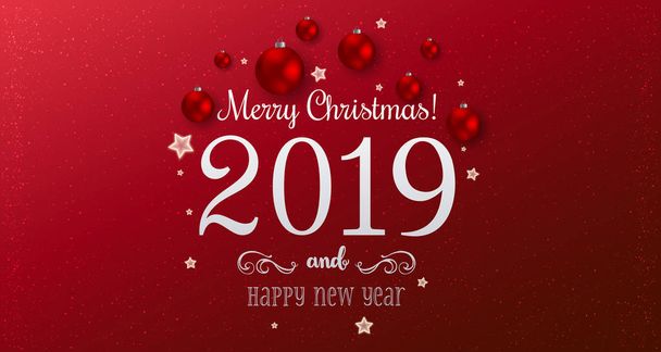 Weihnachten 2019 und Neujahr typografisch auf rotem Hintergrund mit goldenen Sternen. Weihnachtskarte. Vektorillustration. - Vektor, Bild