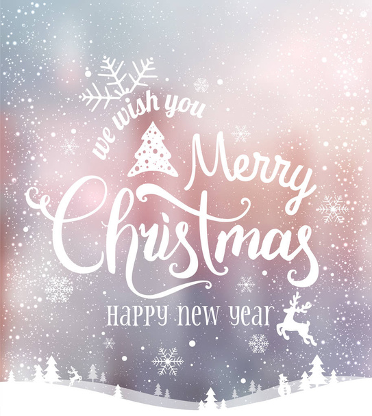 Christmas and New Year typographical on background with winter landscape with snowflakes, light, stars. Xmas card. - Vector, afbeelding