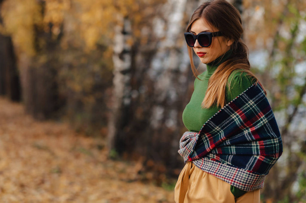 hangulatos, stílusos, fiatal lány séta egyedül napszemüveg-őszi színes Park - Fotó, kép