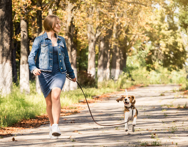 Blond girl walking with cute puppy - Foto, Imagen
