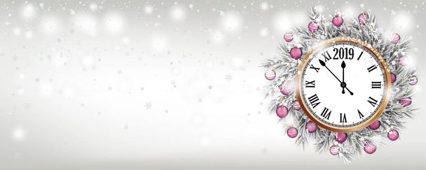 Carte de Noël avec neige, boules roses et horloge en cuivre avec la date 2019. Fichier vectoriel Eps 10
. - Vecteur, image