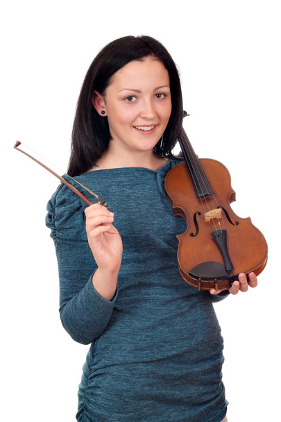 красива дівчина-підліток зі скрипковим портретом на білому
 - Фото, зображення