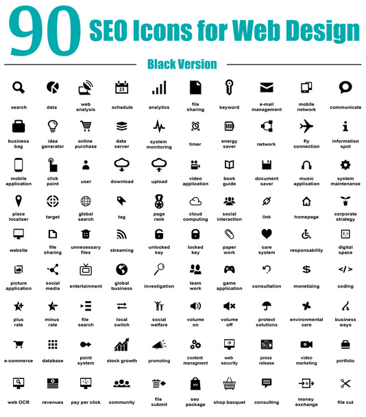 90 SEO Icons for Web Design - Black Version - Vector, Image