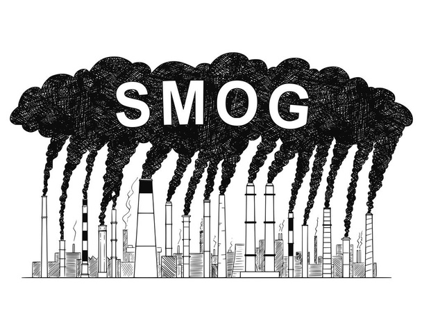Vector Artistic Drawing Illustration of Smoking Smokestacks, Concept of Smog or Air Pollution Produced by Industry or Factory - Vector, Image