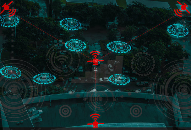 Top view futuristinen käyttöliittymä ja graafinen, älykäs ajoneuvon ohjaus Sensing järjestelmä GPS reaaliaikainen pysäköintialue tietoliikenneverkko, tulevaisuuden konsepti ja mukavuus IOT (internet of thing) teknologiasta
 - Valokuva, kuva