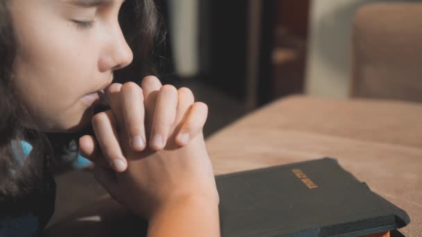 Dziewczynka, modląc się w nocy. Mała dziewczynka ręka modlić. mała dziewczynka Biblię modli się z Biblią w ręce. katolicyzm święte pisma świętego. dzieci i religia wychowanie styl życia wiary - Materiał filmowy, wideo