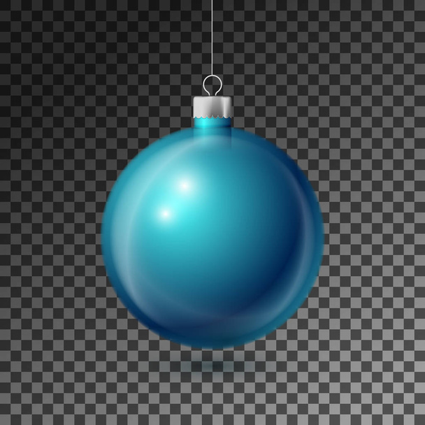Realistic Blue Christmas ball with silver ribbon, isolated on transparent background. Merry Christmas greeting card. Vector illustration - Wektor, obraz