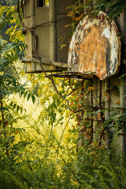 Grungy кинув баскетбольне кільце з дорослими бур'янами на фермі silo
 - Фото, зображення