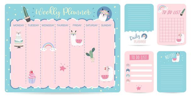 Pastel weekly calendar planner with llama,glasses,ice cream and cactus - Vector, Image