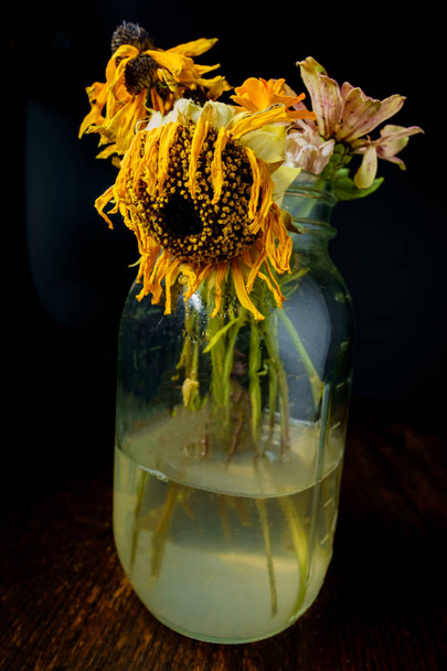 Velhas flores de verão murchas em um frasco de pedreiro de vidro com iluminação escura e temperamental
 - Foto, Imagem