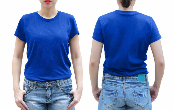Young woman in blue shirt on white background. - Photo, Image