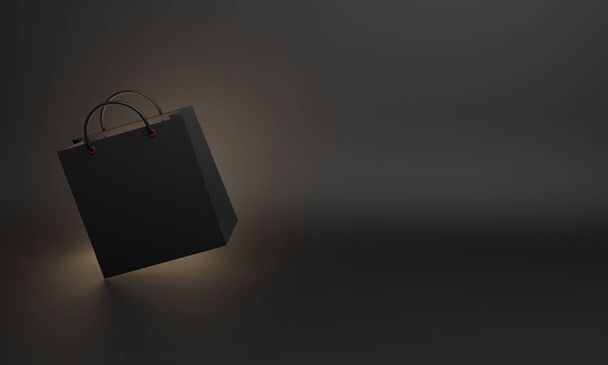 Lege zwarte boodschappentas in de studio verlichting, de tekst van de ruimte van het exemplaar, Design creatief concept voor zwarte vrijdag verkoop evenement. 3D rendering illustratie. - Foto, afbeelding