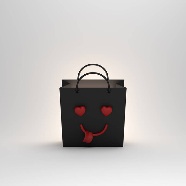 Empty black shopping bag with with tongue and smiling love bubble shape emoji in the studio lighting, copy space text, Design creative concept for black friday sale event. 3D rendering illustration. - Photo, Image