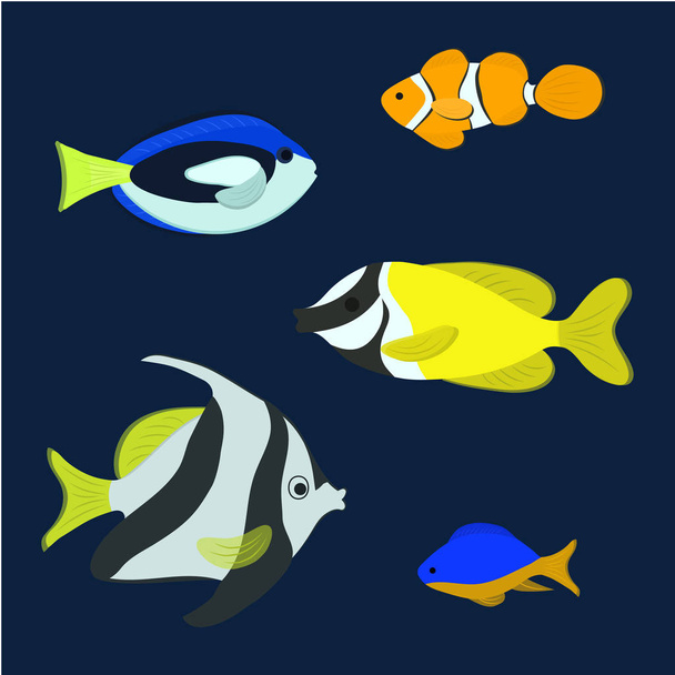 Set of beautiful aquarium fish. There are yellow, blue, white and orange fishes. Vector illustration on nevi background. - Vettoriali, immagini