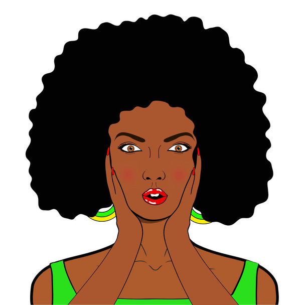Wow visage pop art. Sexy femme africaine surprise avec bouche ouverte dans le style rétro pop art comique sur blanc
 - Vecteur, image