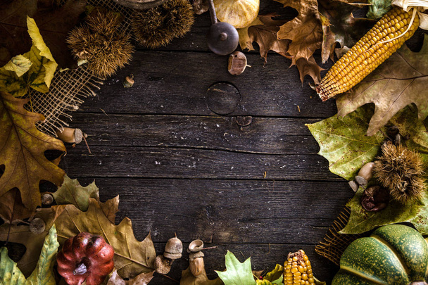 Ужин в честь Дня Благодарения. Осенние фрукты с тарелкой и столовыми приборами. Осенний фон Дня благодарения
 - Фото, изображение