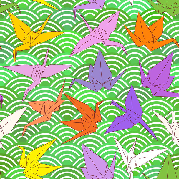 Origami white paper cranes set sketch seamless pattern. line Nature oriental background with japanese wave circle pattern red yellow purple colors on green background. Vector illustration - Vektori, kuva