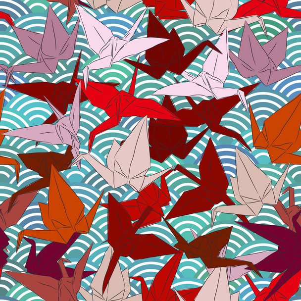 Origami white paper cranes set sketch seamless pattern. line Nature oriental background with japanese wave circle pattern burgundy maroon pink brown colors on green blue background. Vector illustration - Wektor, obraz