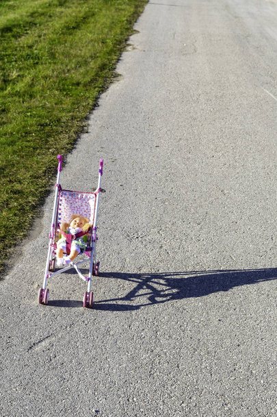 одна м'яка лялька в іграшковій колясці, стоячи в дорозі, небезпека
 - Фото, зображення